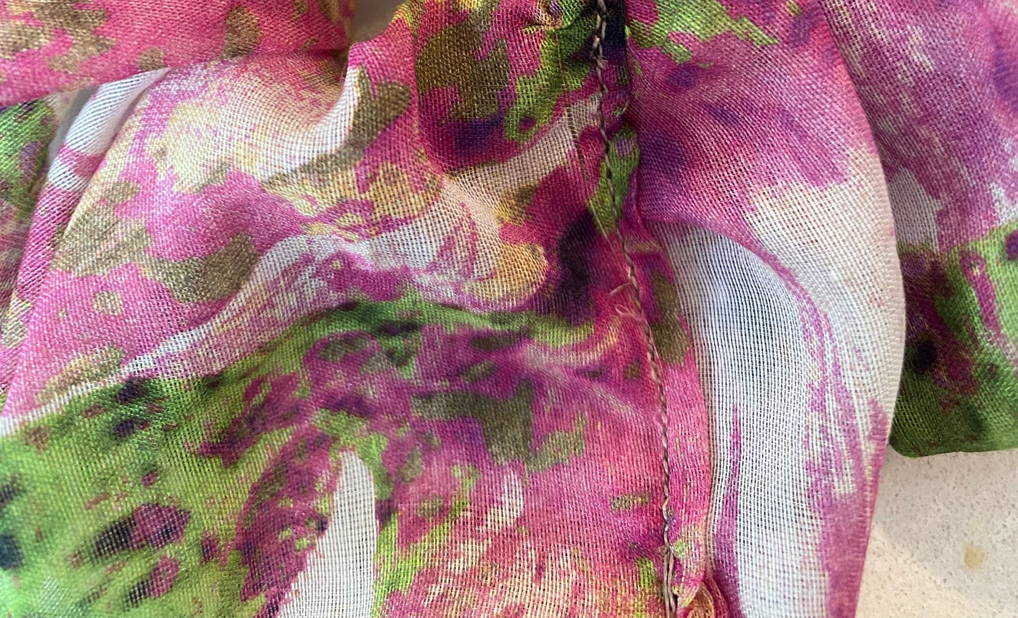 Pink and green silk scrunchie with splashes of cream, mauve and chocolate - slim