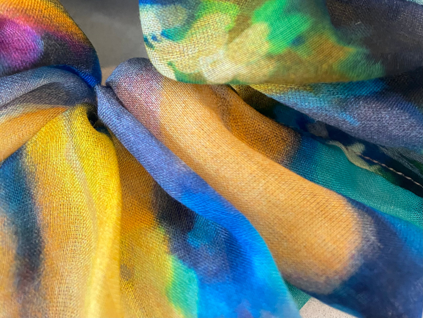 Blue and yellow silk scrunchie - full