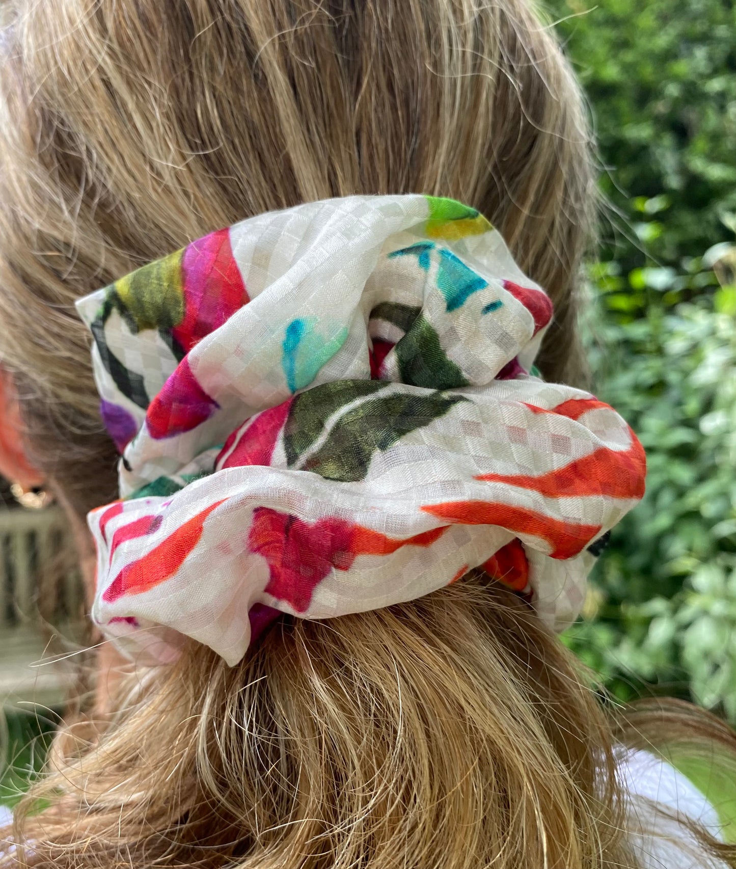 Cream silk scrunchie with splashes of turquoise, orange and pink - full
