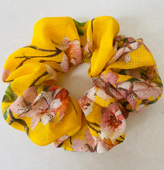 Cheerful yellow silk scrunchie with soft pink blossom - slim
