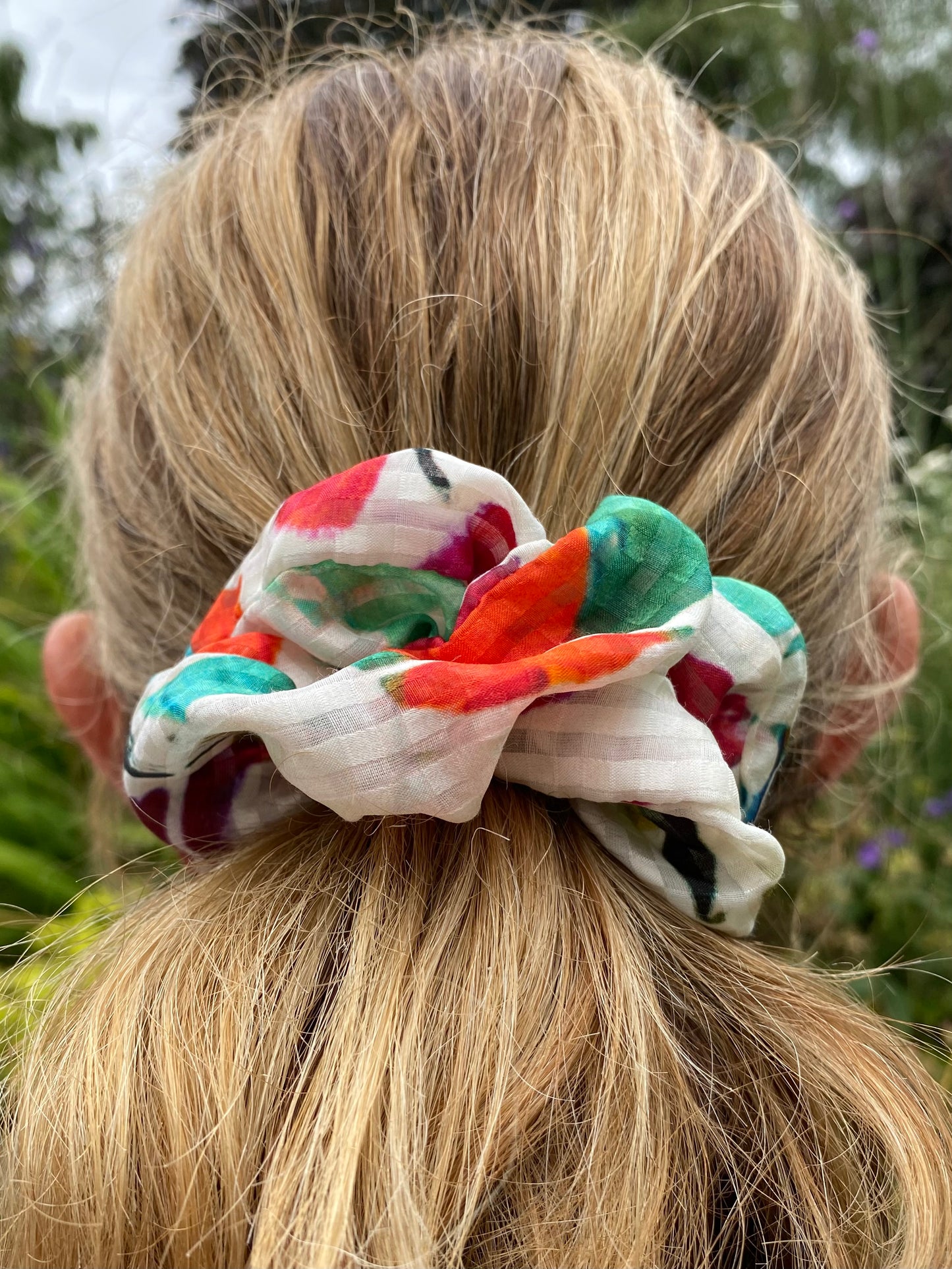 Cream silk scrunchie with splashes of turquoise, orange and pink - slim