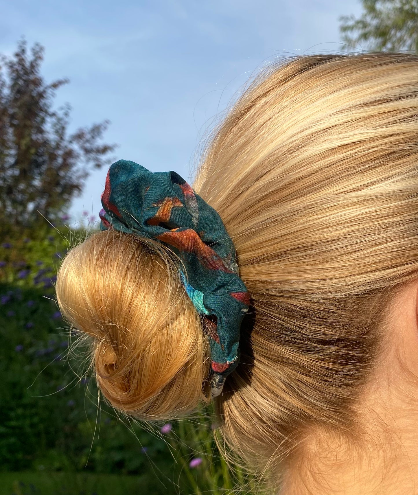 Teal silk scrunchie with splashes of pink, orange, chocolate and mauve - full