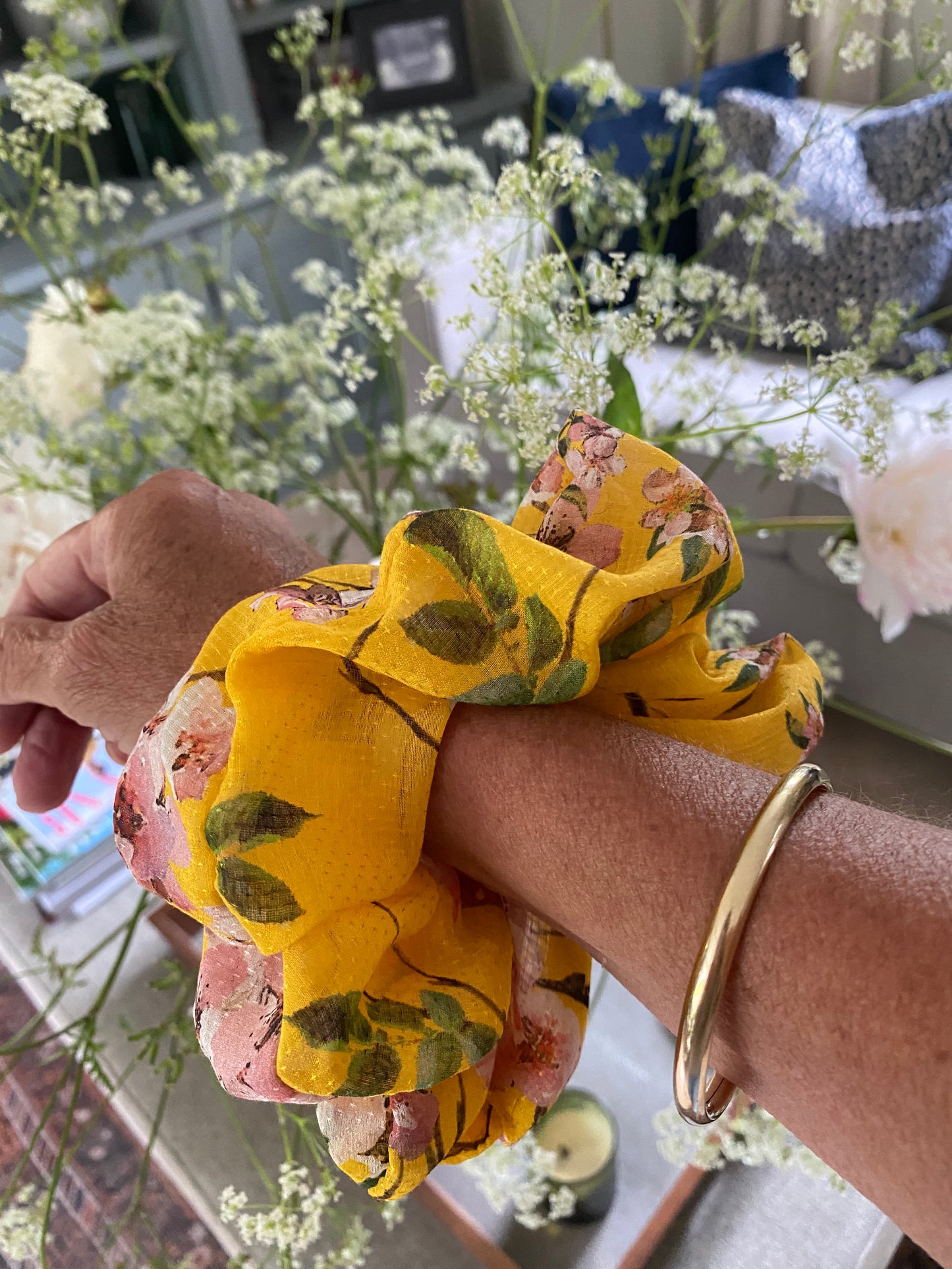 Cheerful yellow silk scrunchie with soft pink blossom - full