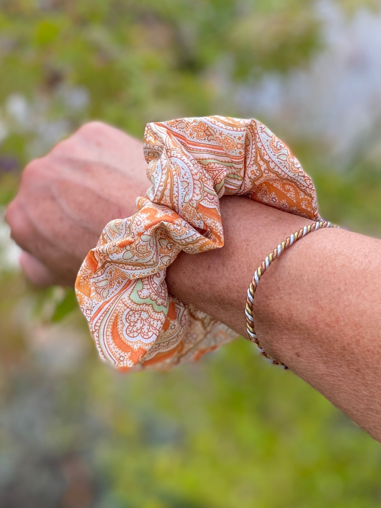 Silky soft orange paisley scrunchie in Liberty Tana Lawn cotton - full