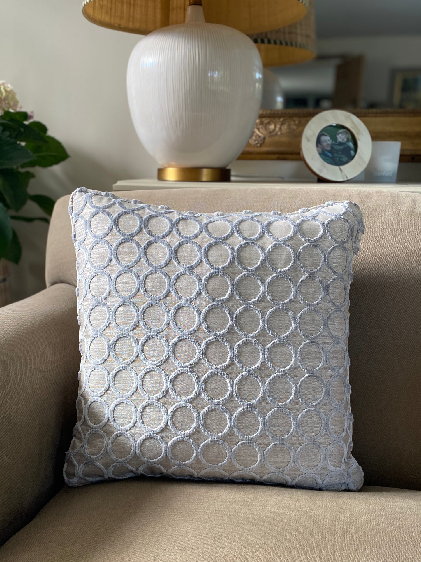 Silver grey cut pile velvet square cushion with silver grey background and circle design. Measures 45 x 45cm and has piping around the edges.