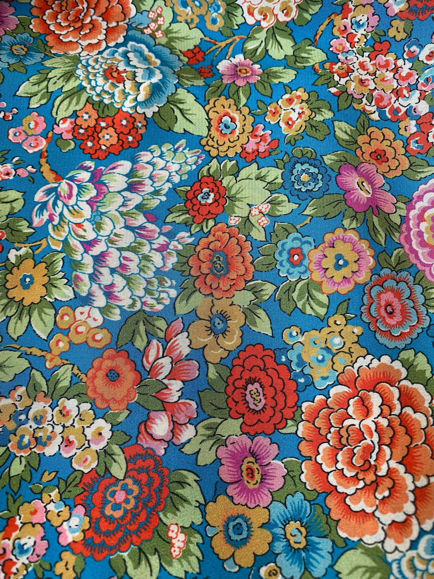 Luxury floral silk scrunchie with turquoise, orange, and pink - slim