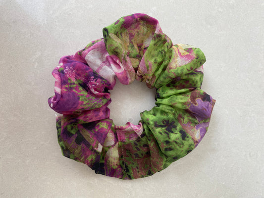 Pink and green silk scrunchie with splashes of cream, mauve and chocolate - slim