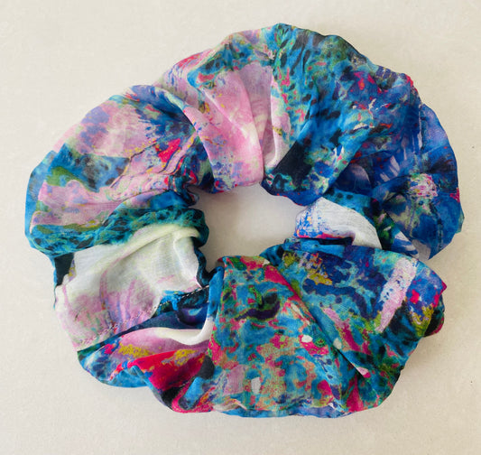 Blue silk scrunchie with splashes of pinks and ivory - full