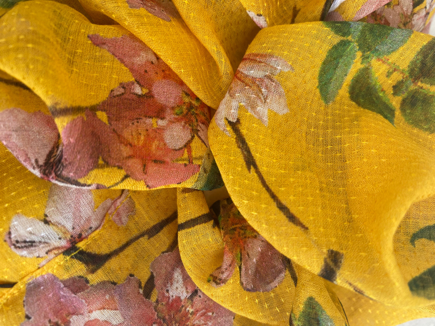 Cheerful yellow silk scrunchie with soft pink blossom - slim