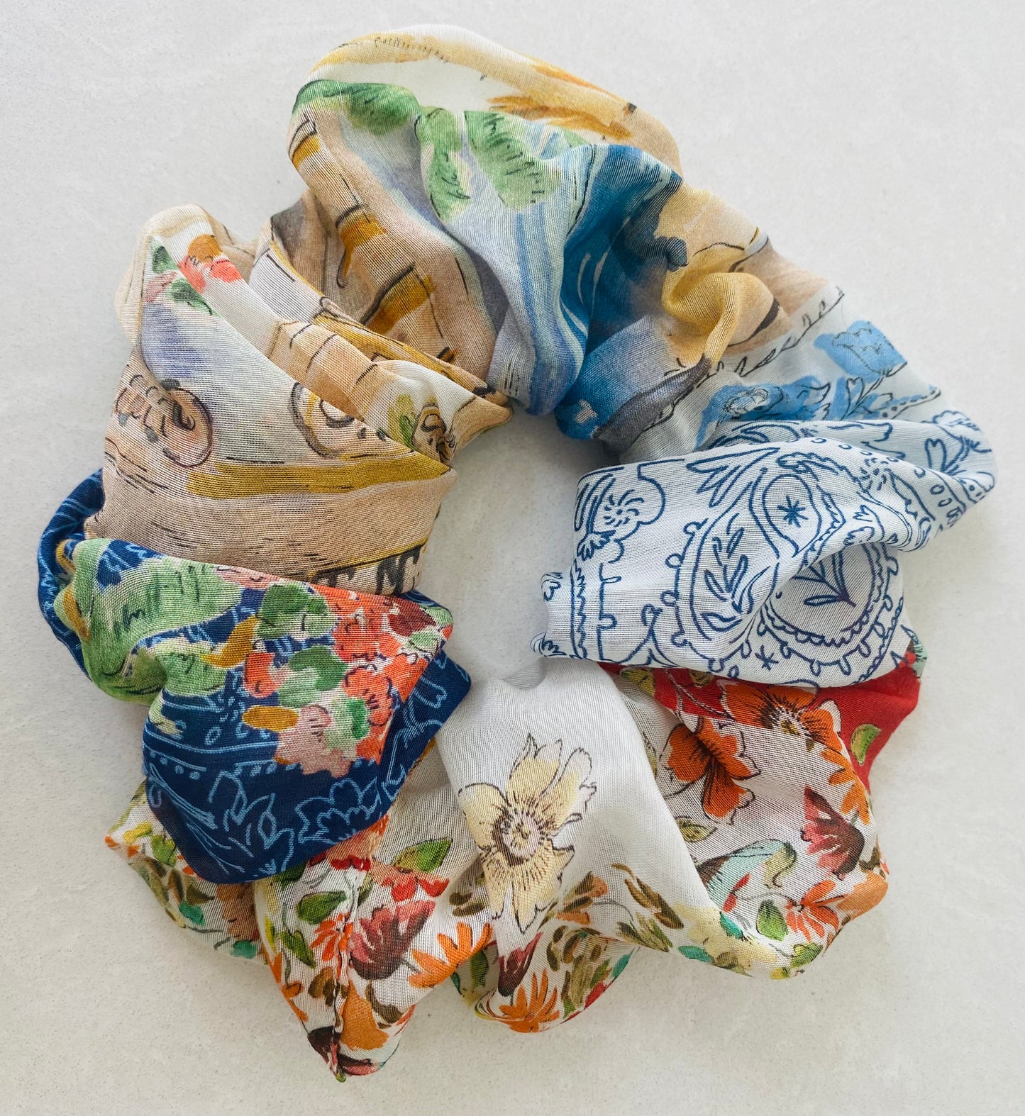 Silk scunchie in forties style patchwork print - full