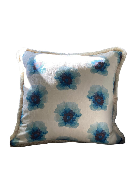 Floral linen cushion with cream fringing