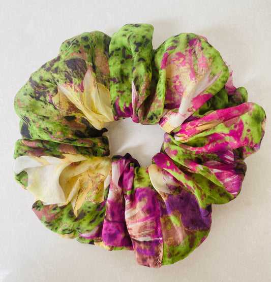 Pink and green silk scunchie with splashes of cream, mauve, and chocolate - full