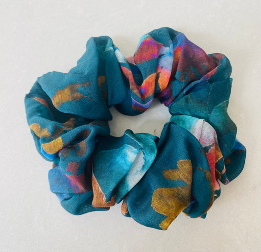 Teal silk scrunchie with splashes of pink, orange, chocolate, and mauve - slim