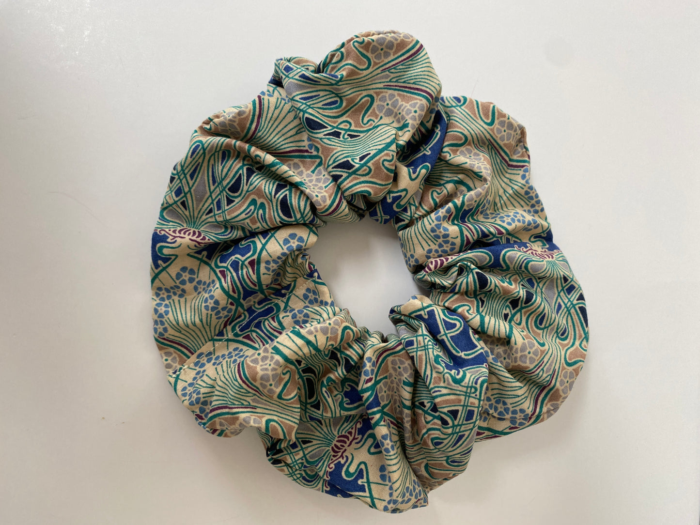 Classic Liberty Tana Lawn cotton scrunchie in navy and green - full