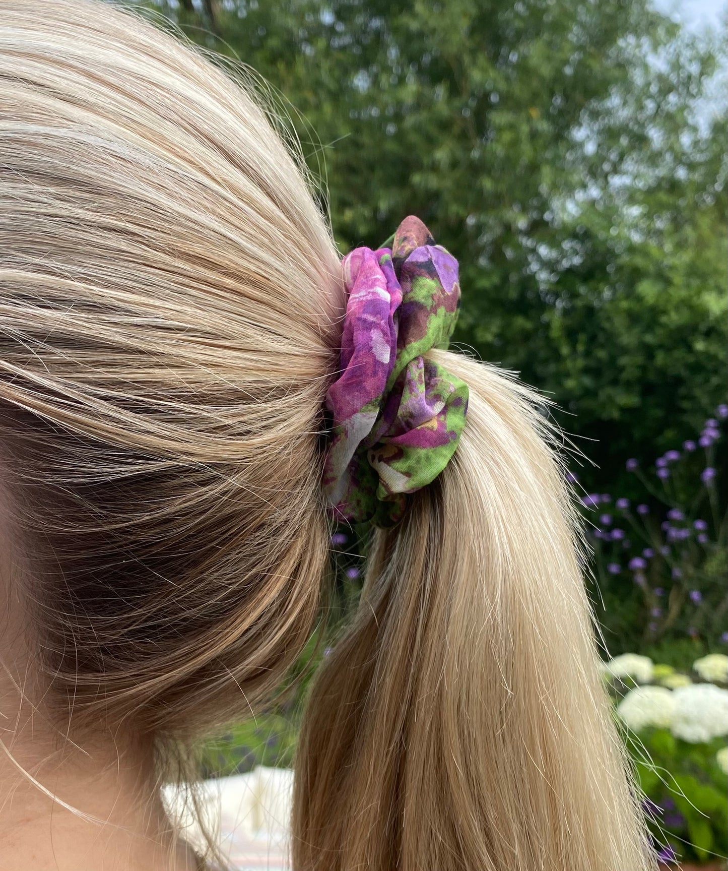 Pink and green silk scrunchie with splashes of cream, mauve and chocolate - slim