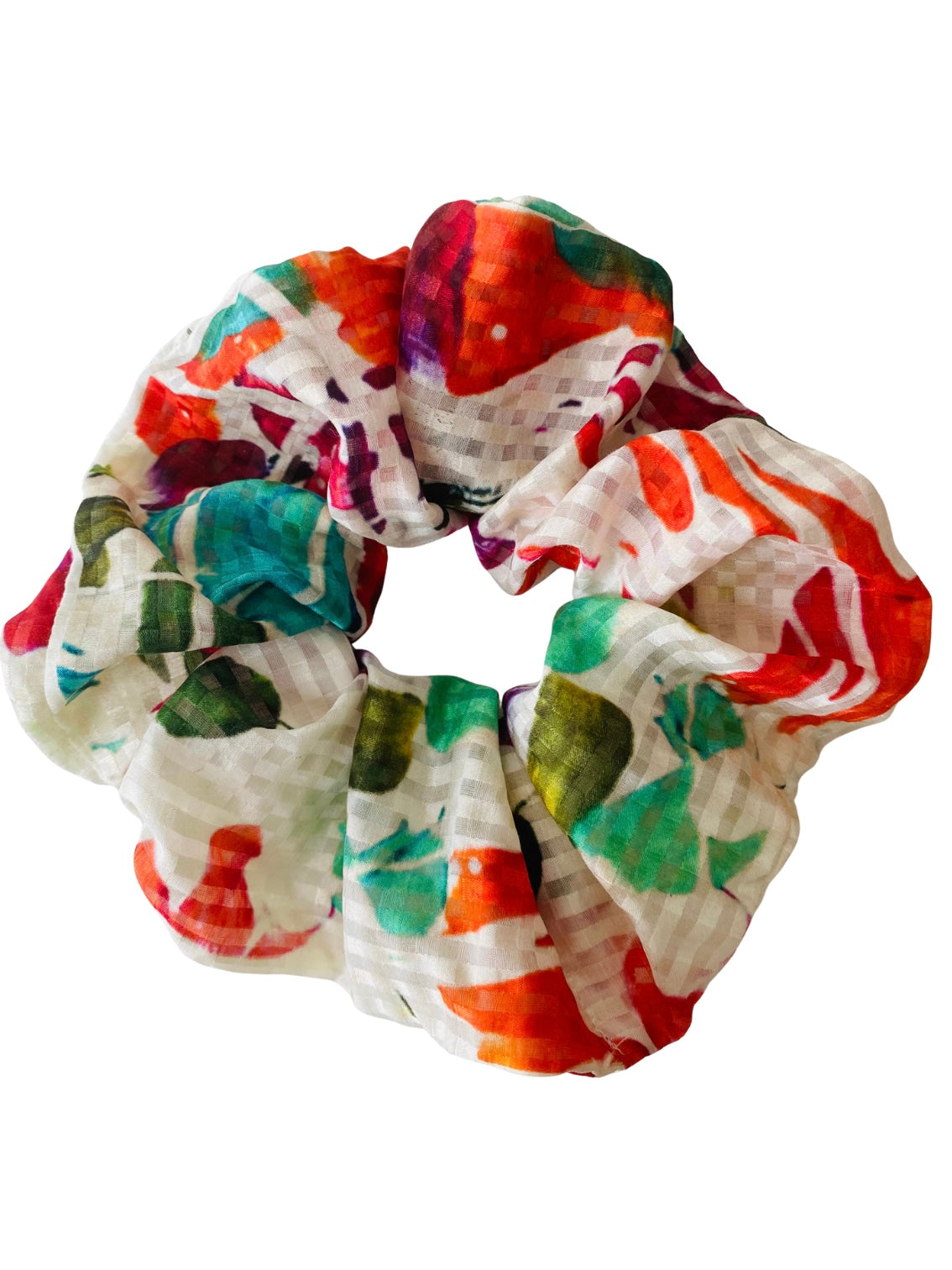 Cream silk scrunchie with splashes of turquoise, orange and pink - full