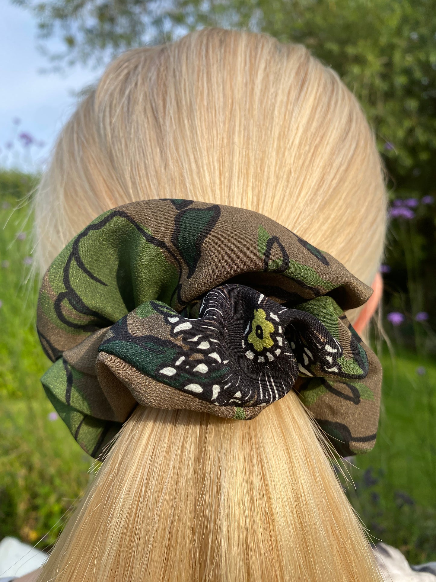 Sumptuous silk scrunchie in green and khaki - full