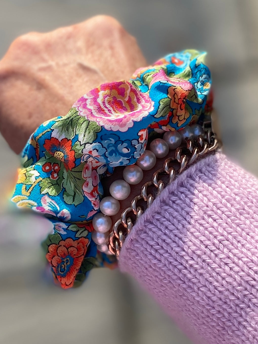 Luxury floral silk scrunchie with turquoise, orange, and pink - slim