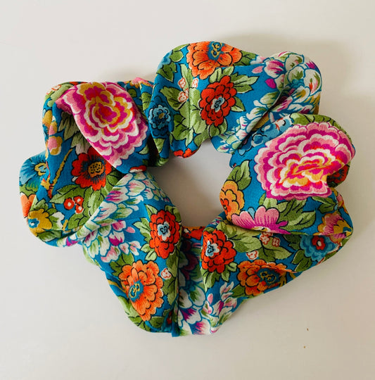 Luxury floral silk scrunchie with turquoise, orange, and pink - slim