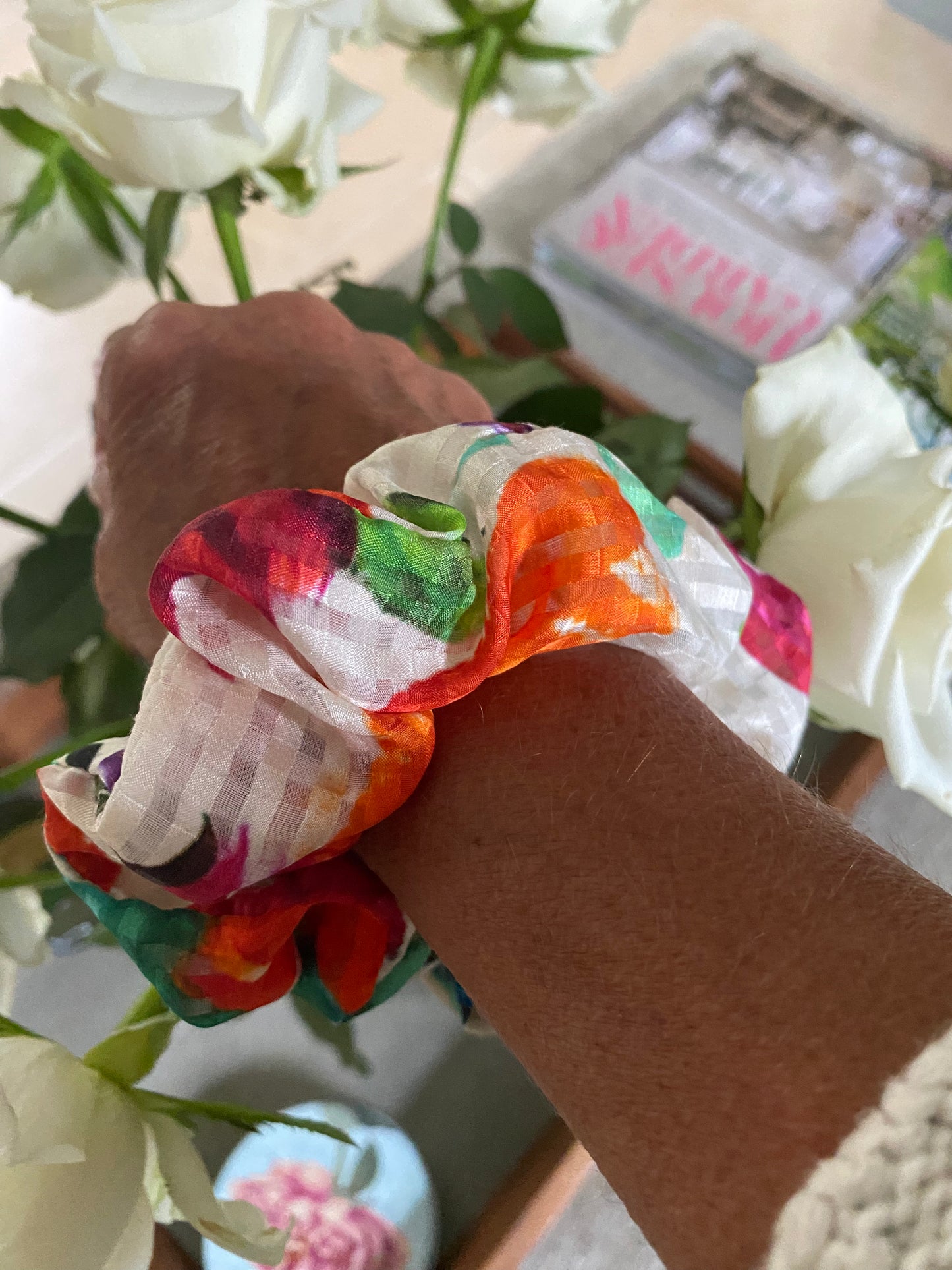 Cream silk scrunchie with splashes of turquoise, orange and pink - slim