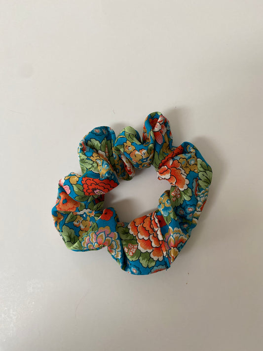 Luxury floral silk scrunchie with turquoise, orange, and pink - skinny