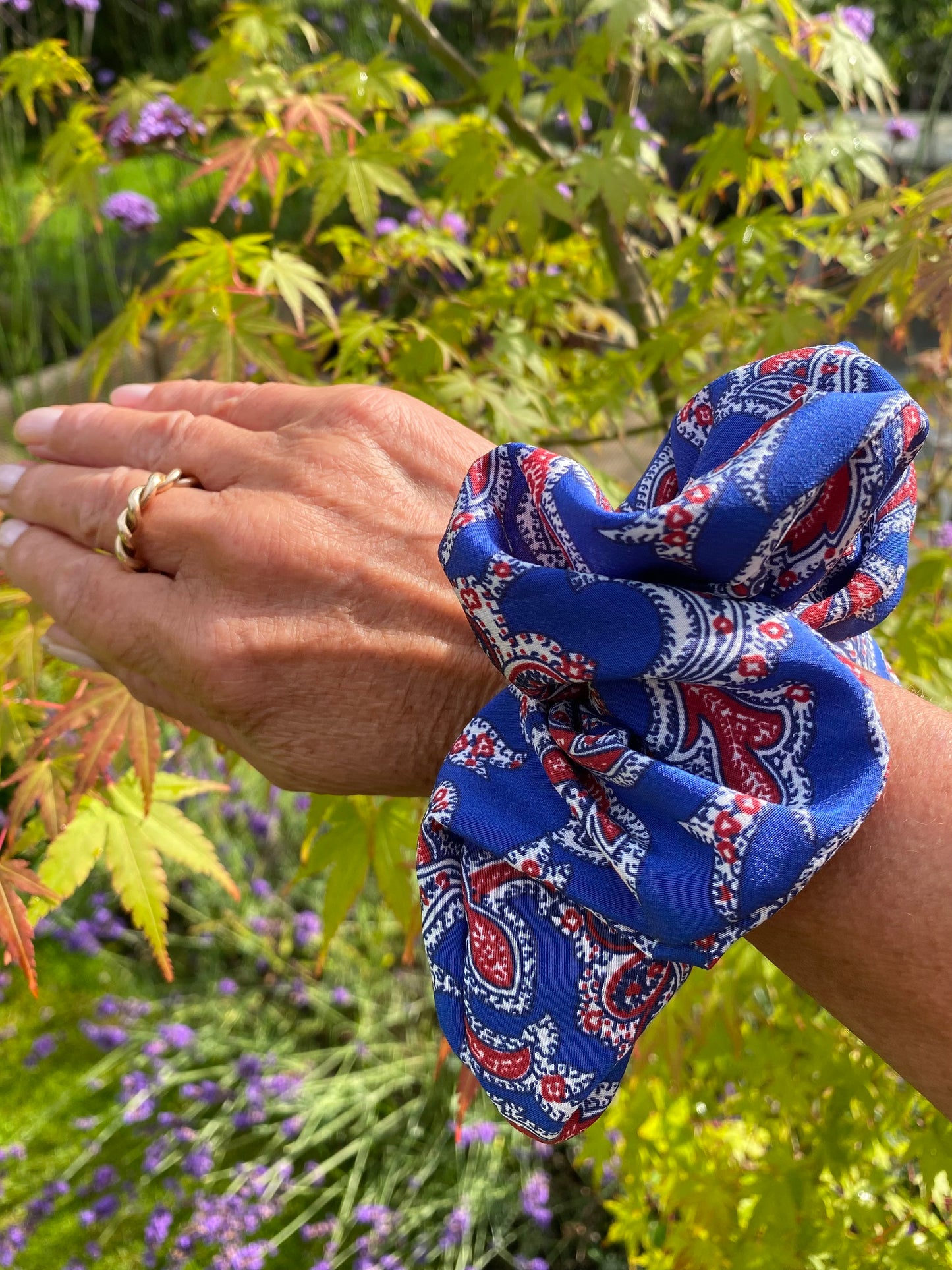 Beautiful cobalt silk paisley scrunchie with accents of red and white - full