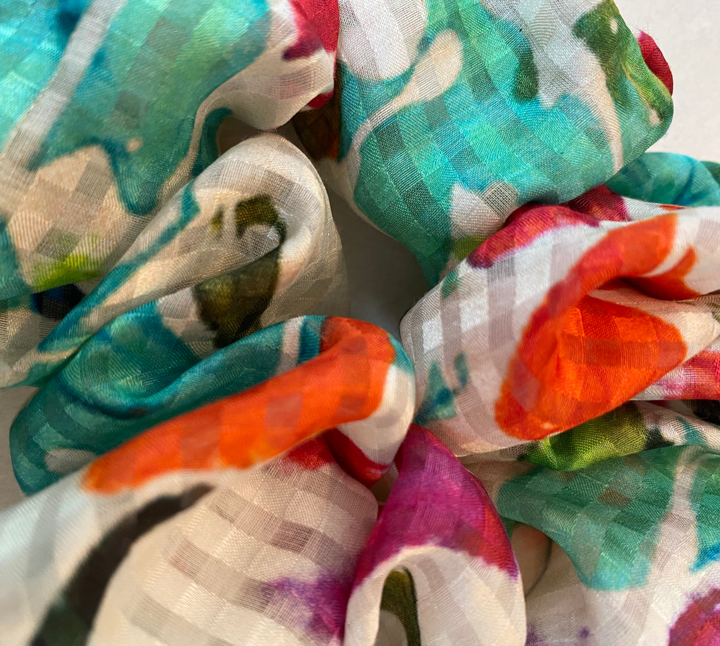 Cream silk scrunchie with splashes of turquoise, orange and pink - slim