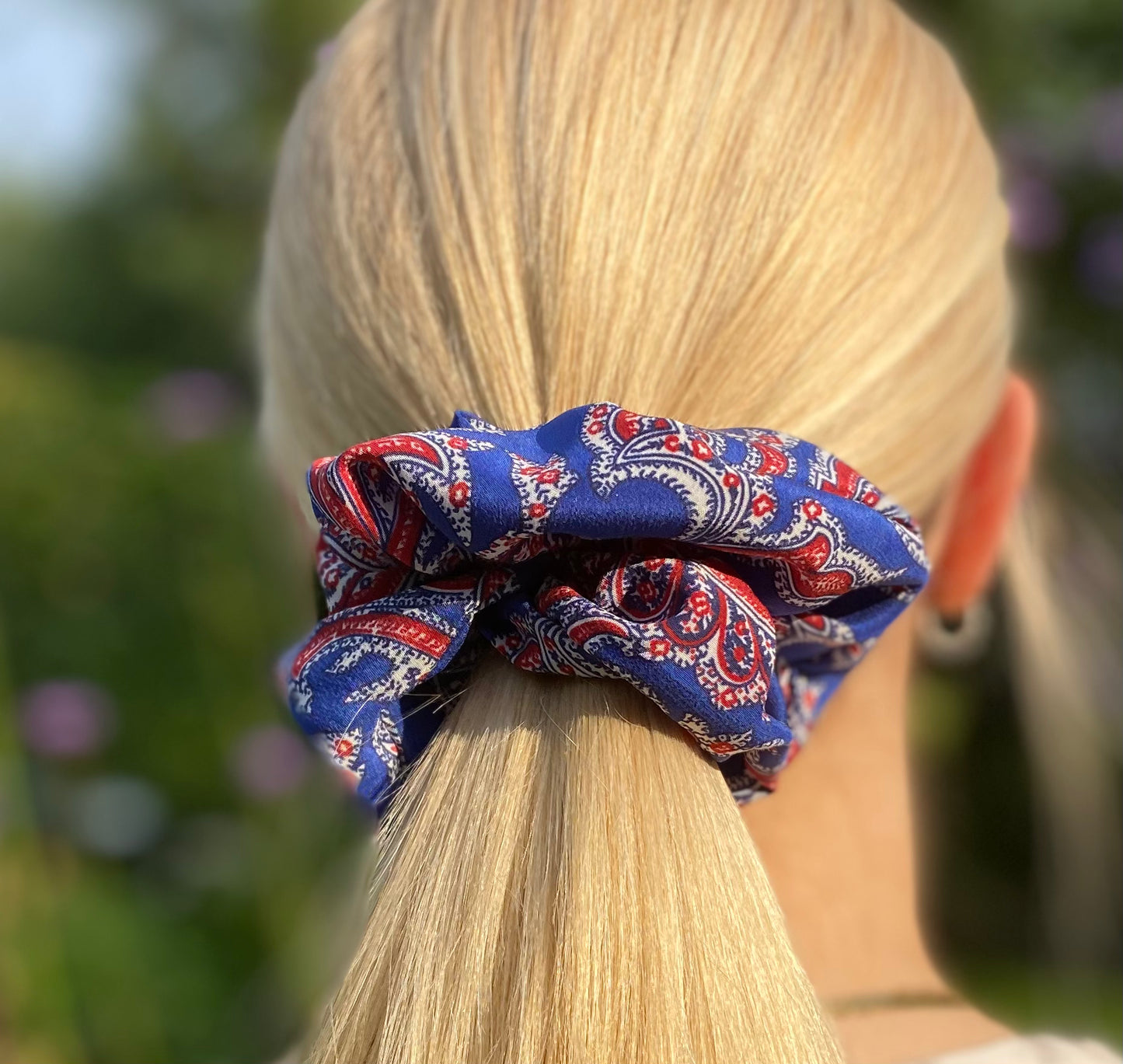Beautiful cobalt silk paisley scrunchie with accents of red and white - full