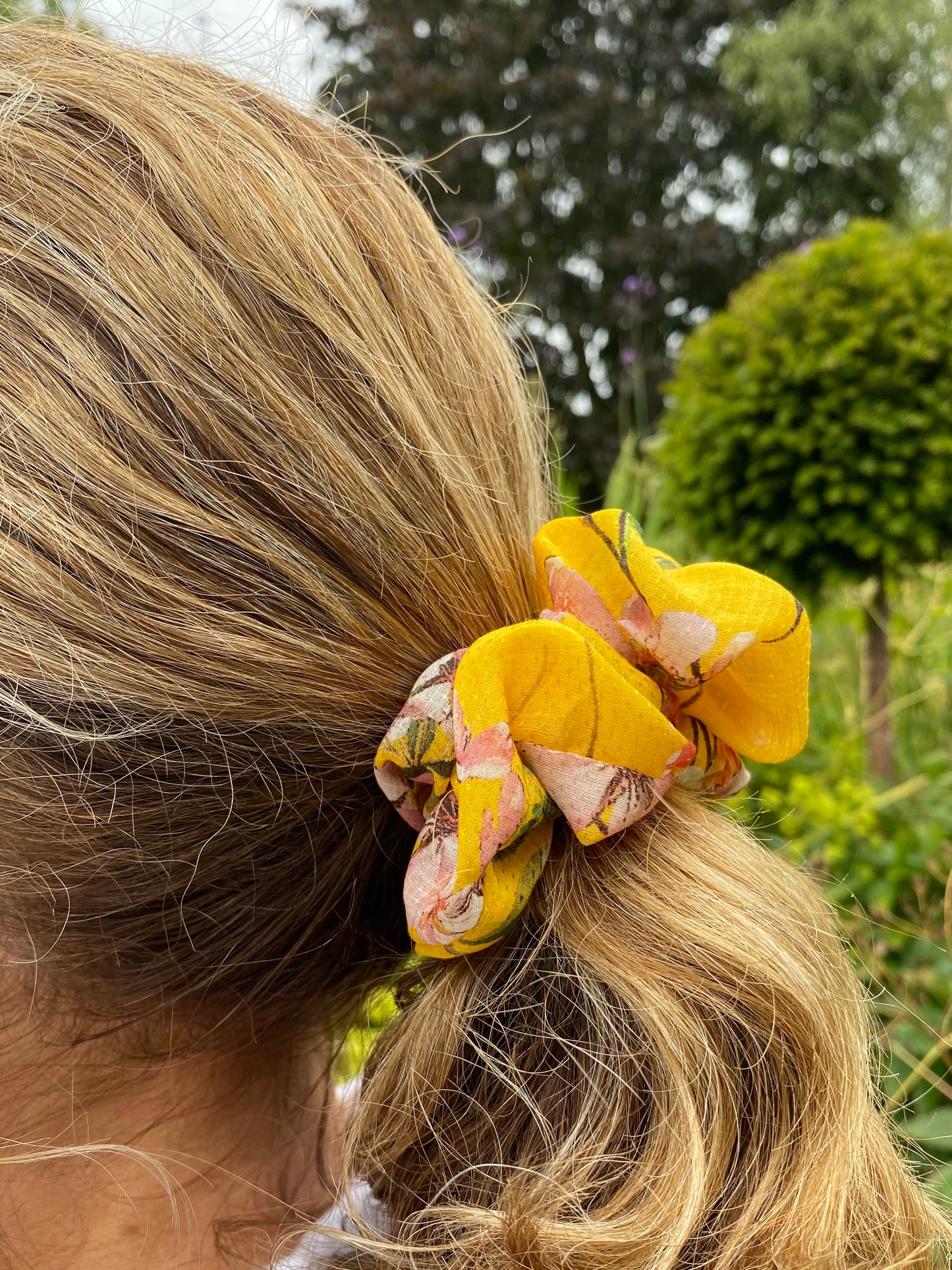 Cheerful yellow silk scrunchie with soft pink blossom - slim