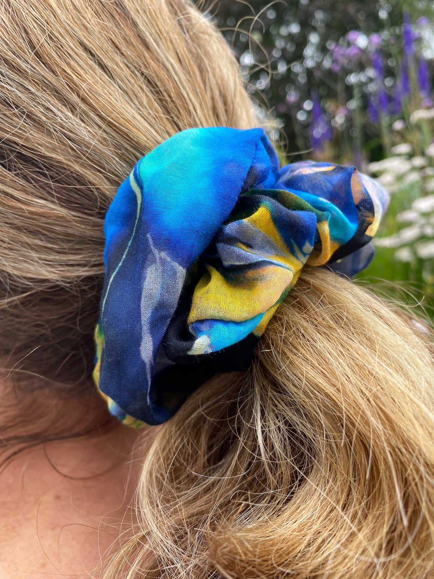 Blue and yellow silk scrunchie - full
