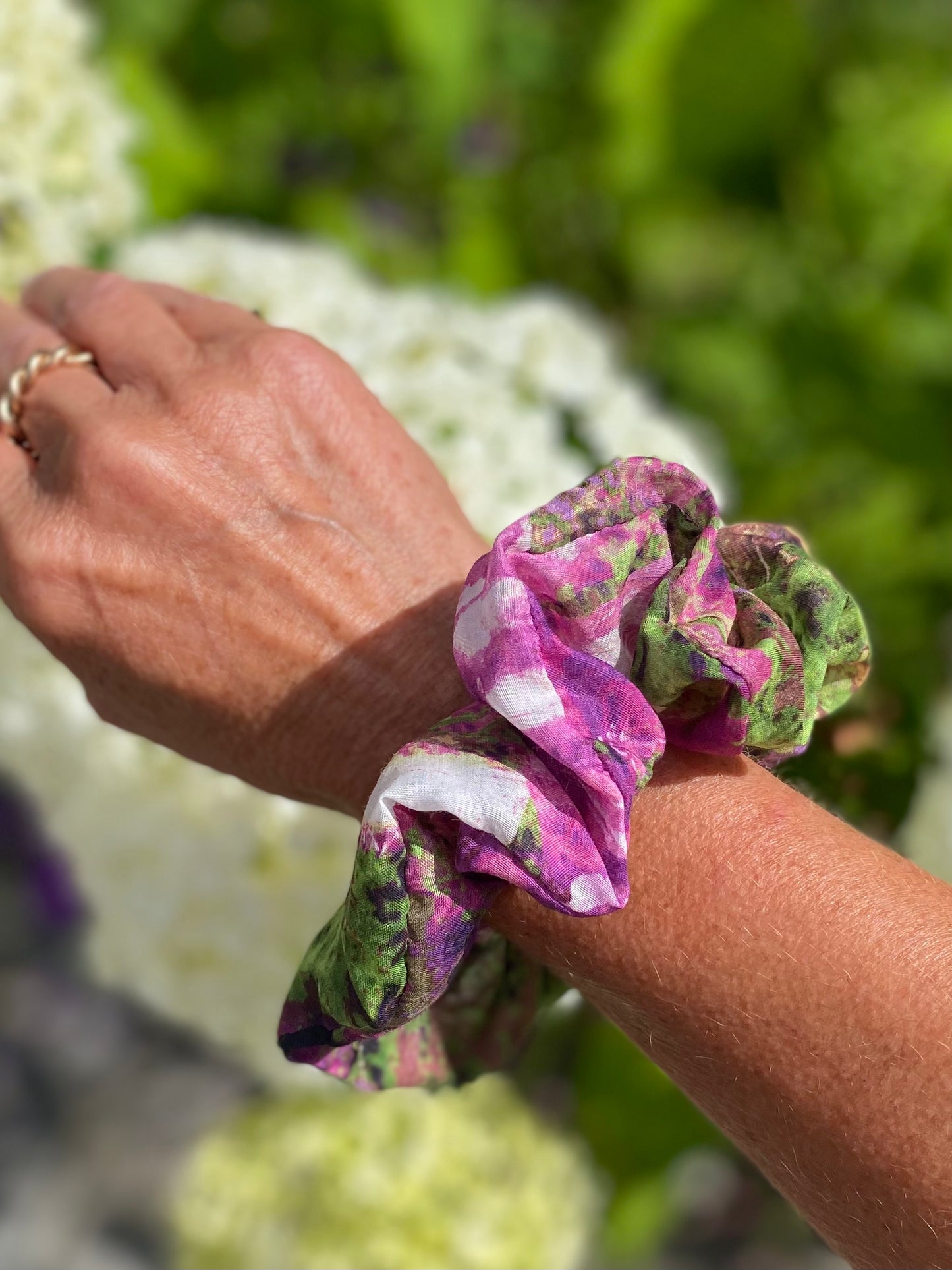 Pink and green silk scrunchie with splashes of cream, mauve and chocolate - slim