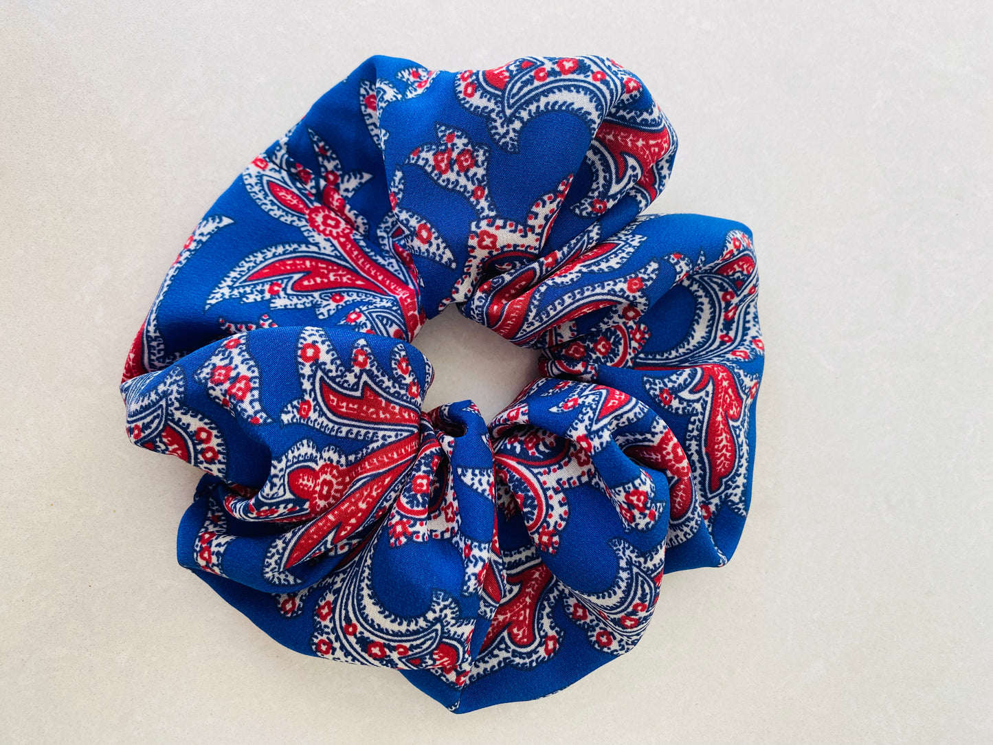 Beautiful cobalt silk paisley scrunchie with accents of red and white - full