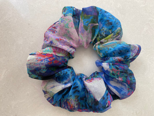 Blue silk scrunchie with splashes of pinks and ivory - slim