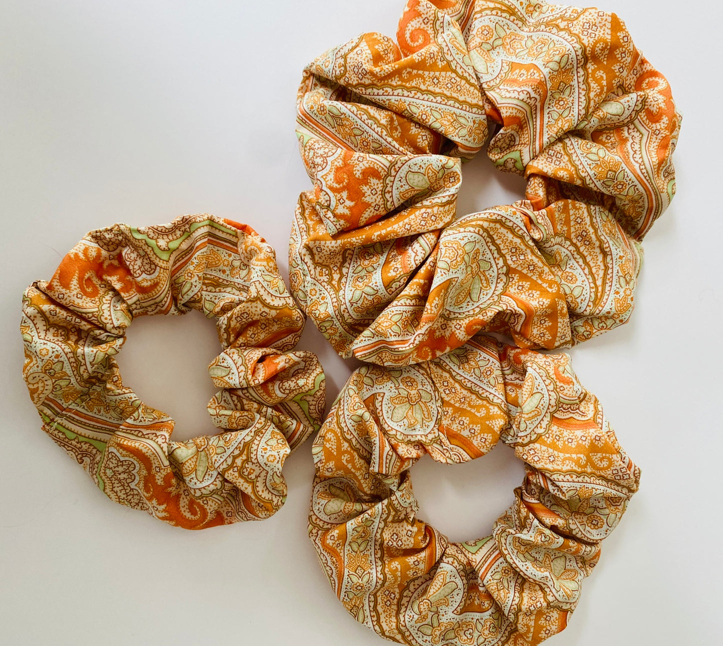Silky soft orange paisley scrunchie in Liberty Tana Lawn cotton - full