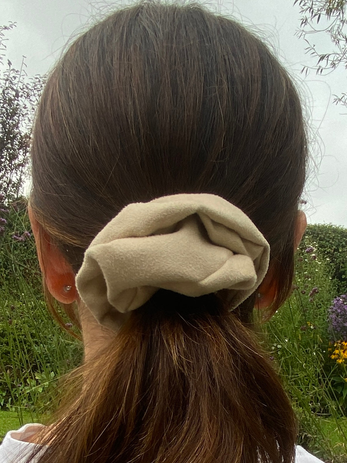 Faux suede scrunchie in taupe - full