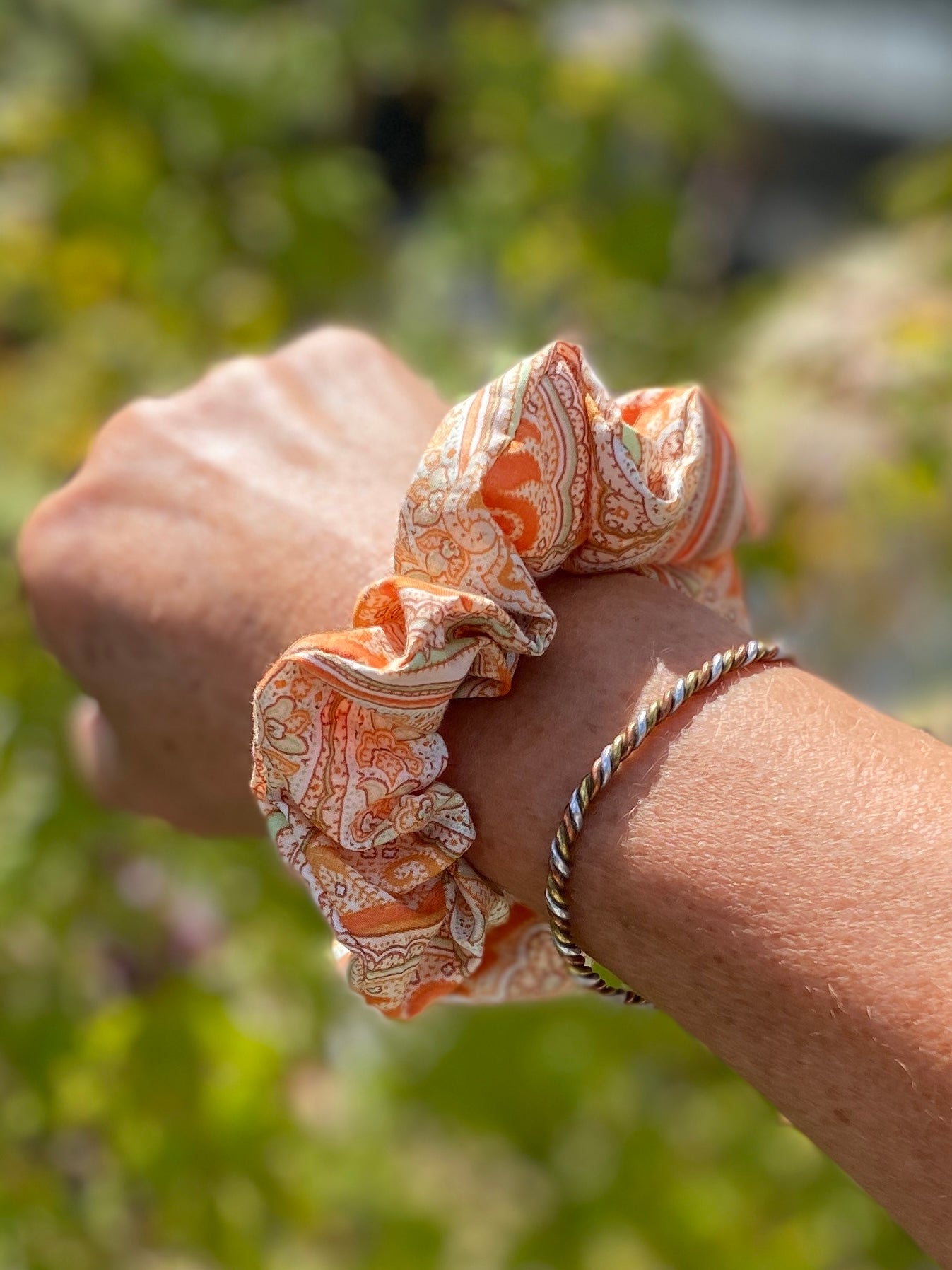 Silky soft orange paisley scrunchie in Liberty tana lawn cotton - skinny