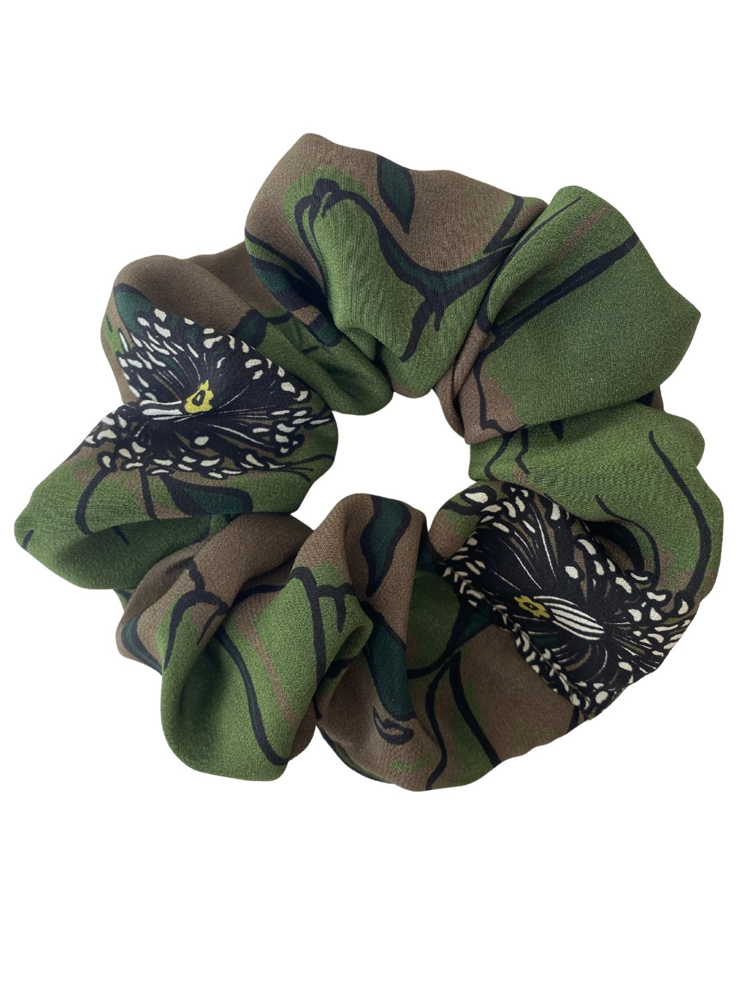 Sumptuous silk scrunchie in green and khaki - full
