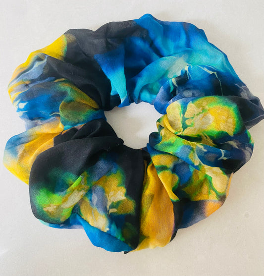 Blue and yellow silk scrunchie - full