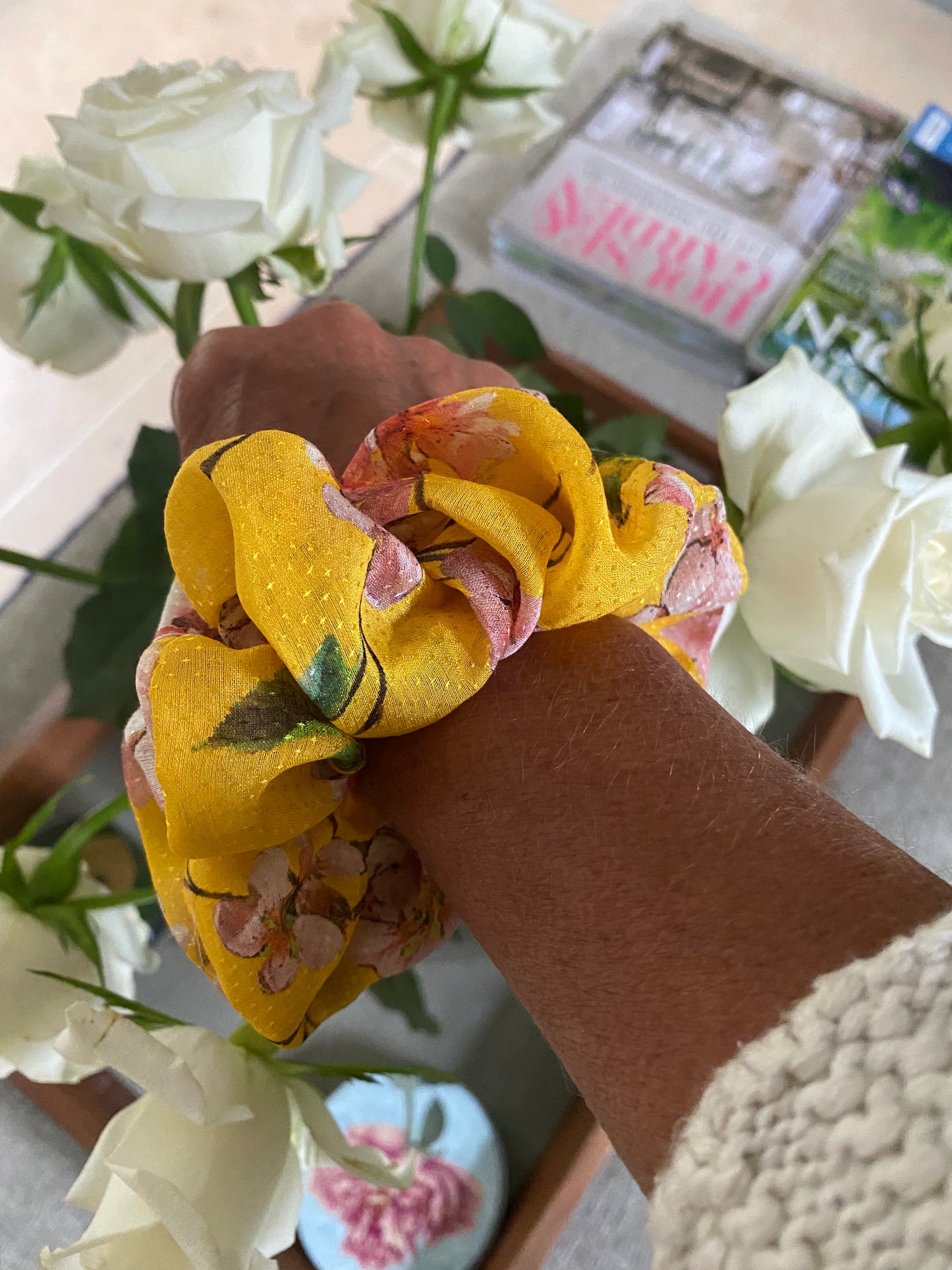 Cheerful yellow silk scrunchie with soft pink blossom - slim