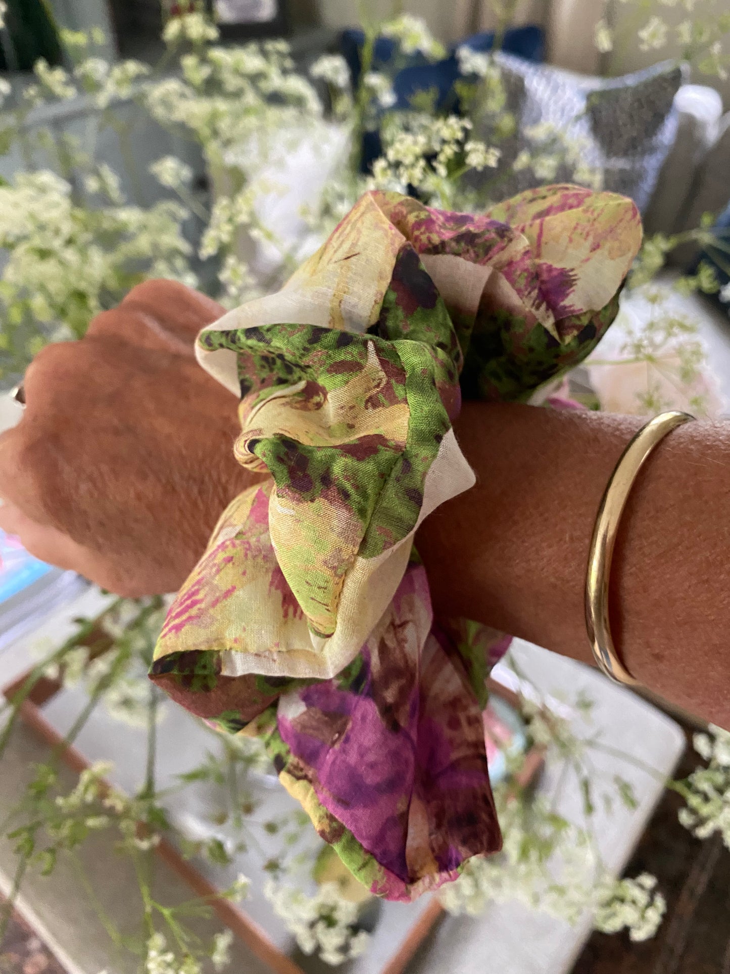 Pink and green silk scunchie with splashes of cream, mauve, and chocolate - full