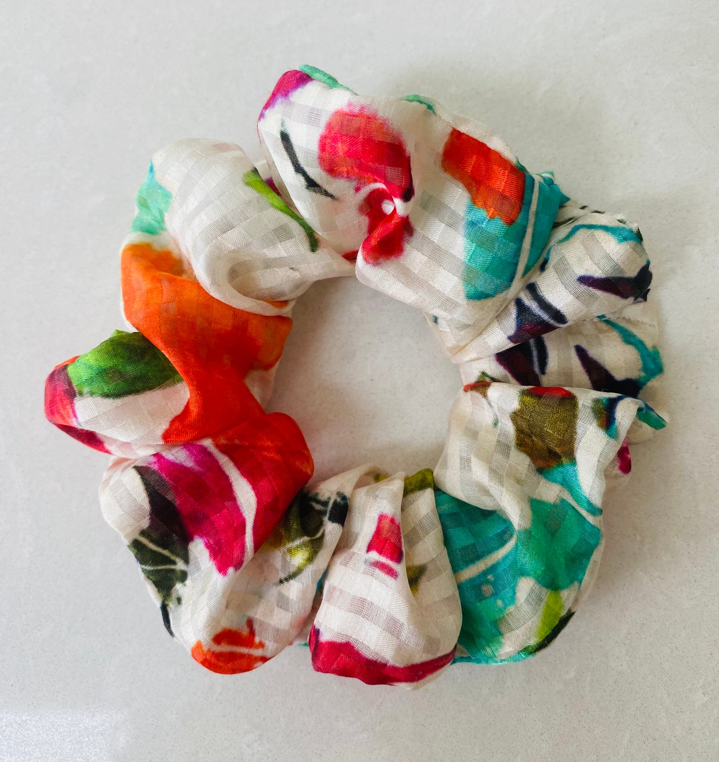Cream silk scrunchie with splashes of turquoise, orange and pink - slim