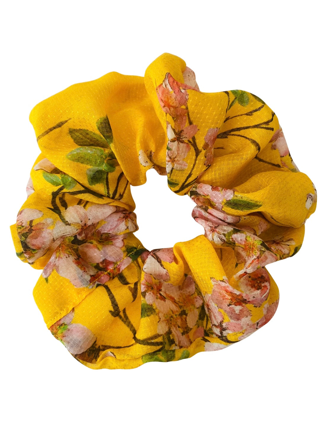 Cheerful yellow silk scrunchie with soft pink blossom - full