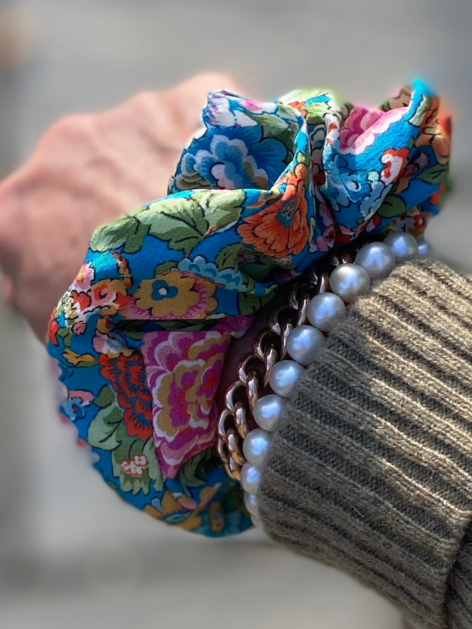Luxury floral silk scrunchie with turquoise, orange, and pink - slim