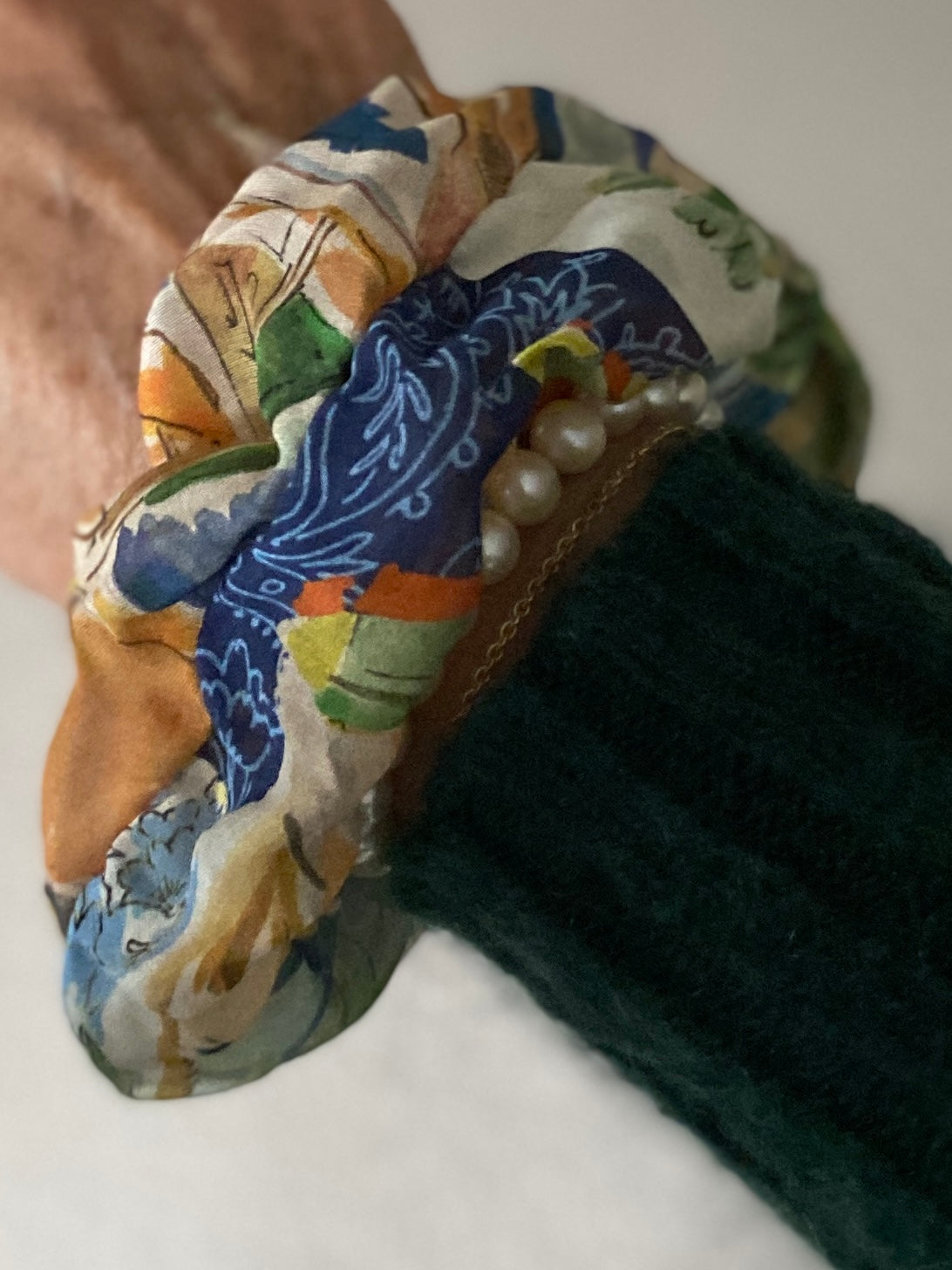 Set of two luxury silk scrunchies including a forties style patchwork and a geometric print in slim