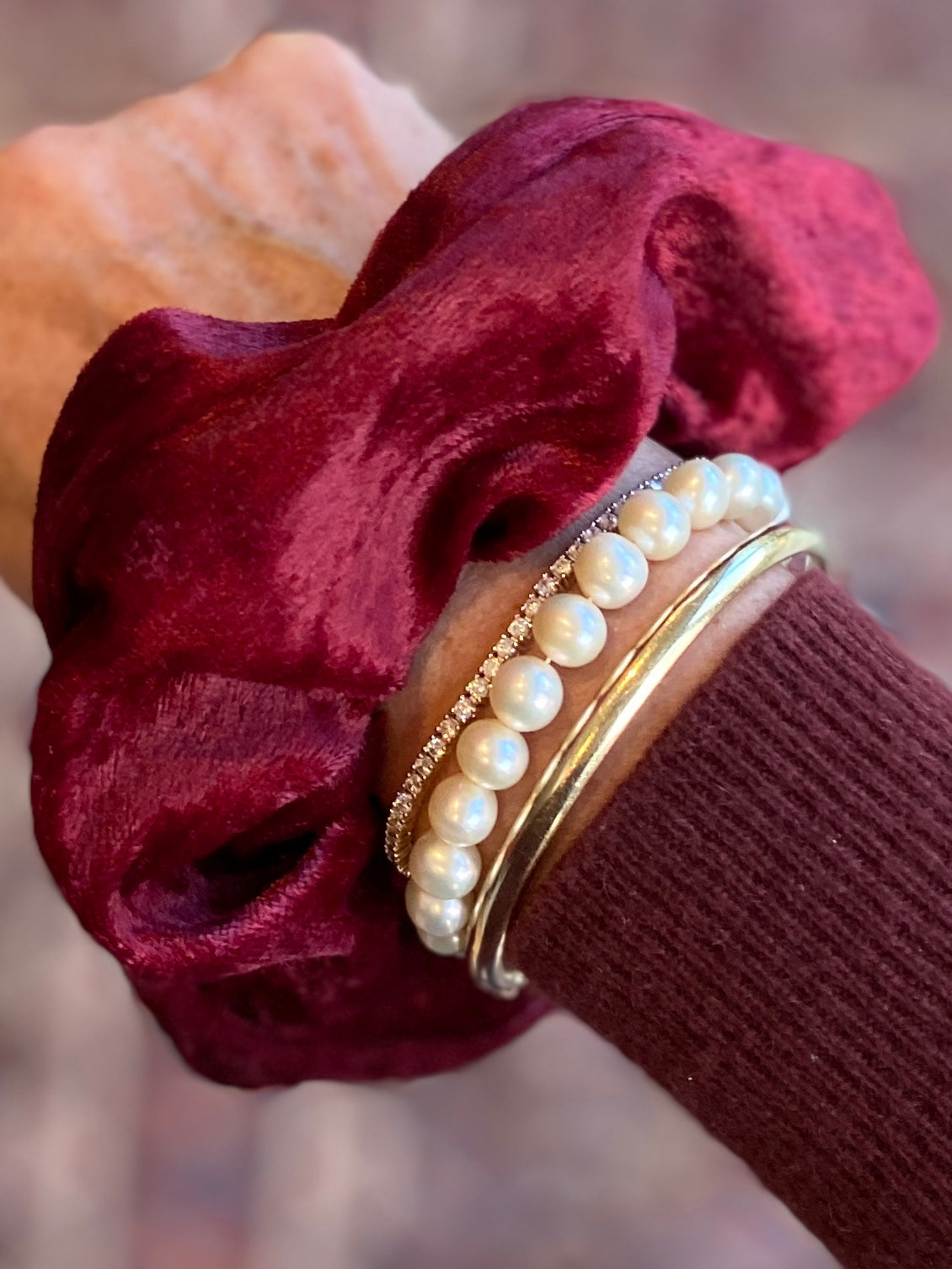 Burgundy crushed velvet scrunchie