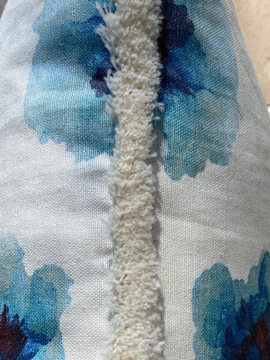 Floral linen cushion with cream fringing