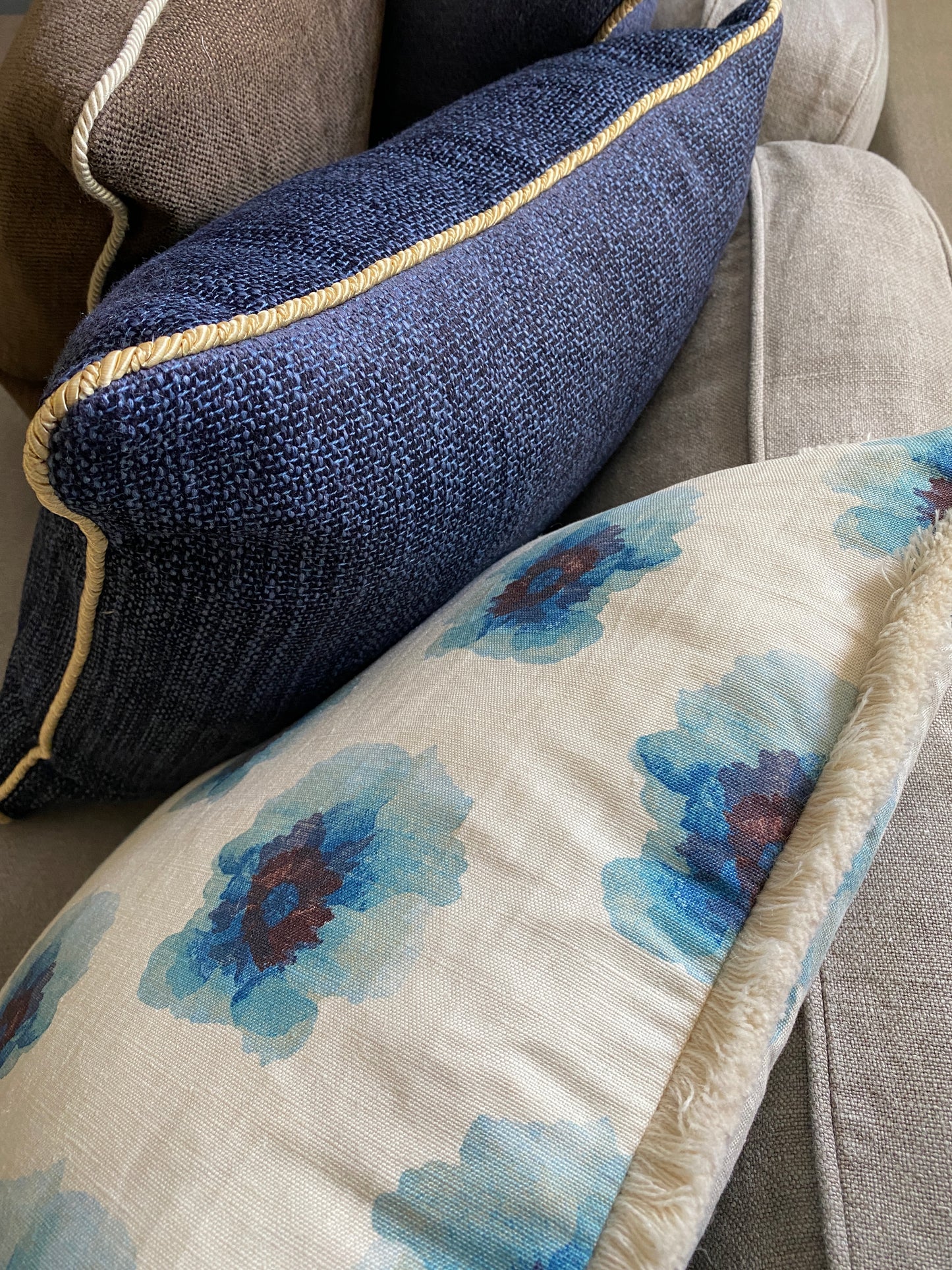Floral linen cushion with cream fringing