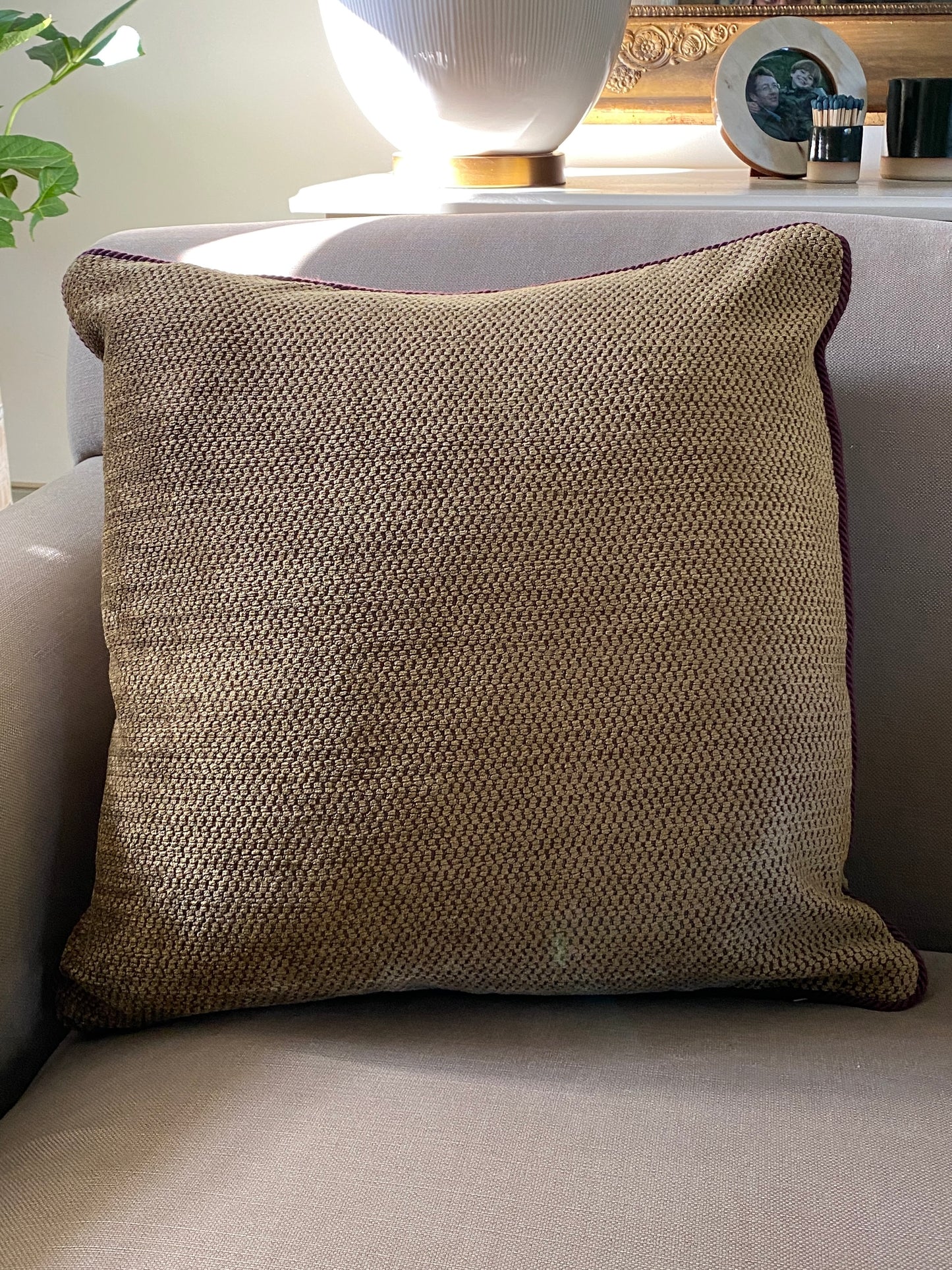 Antique gold chenille cushion with burgundy cord trim