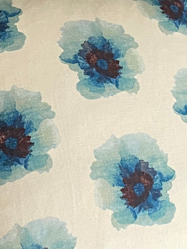 Floral linen cushion with cream fringing