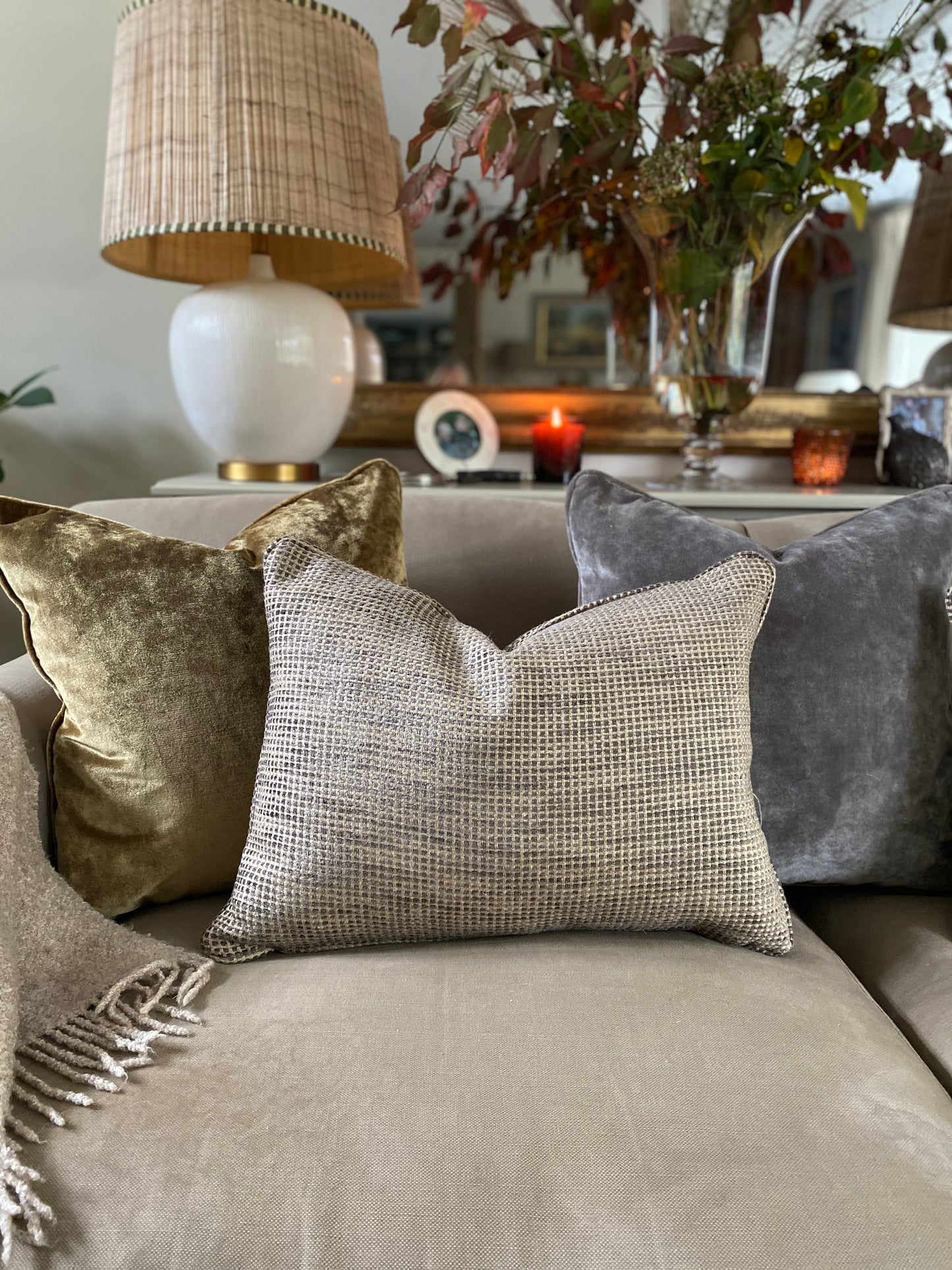 Decorative cushions on a sofa with a lamp and plants in the background